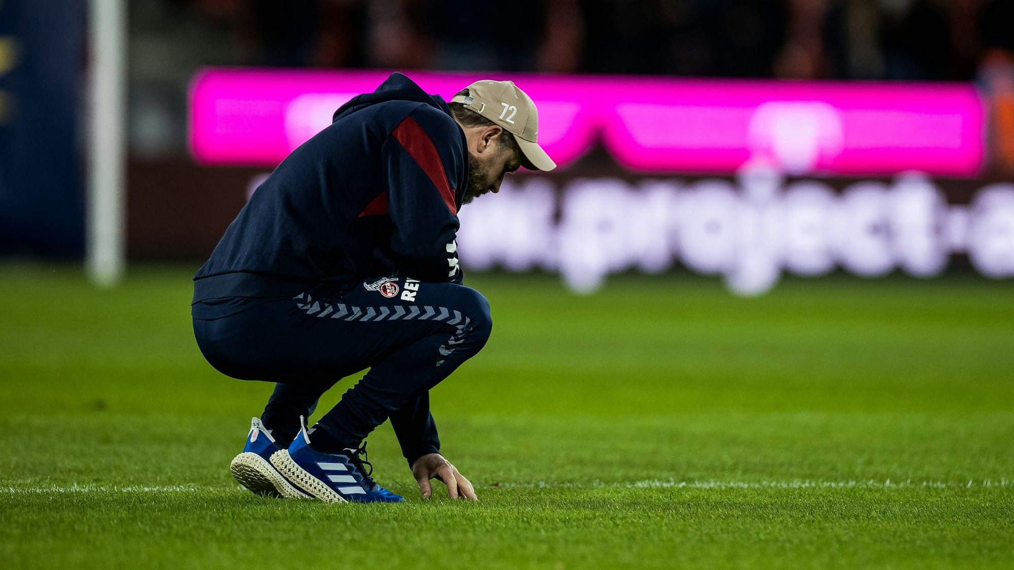 Steffen Baumgart streichelt vor dem Spiel des 1. FC Köln den Rasen.