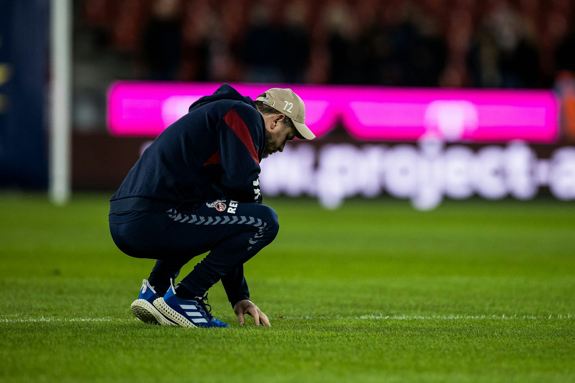 Steffen Baumgart streichelt den Rasen vor dem Spiel des 1. FC Köln.
