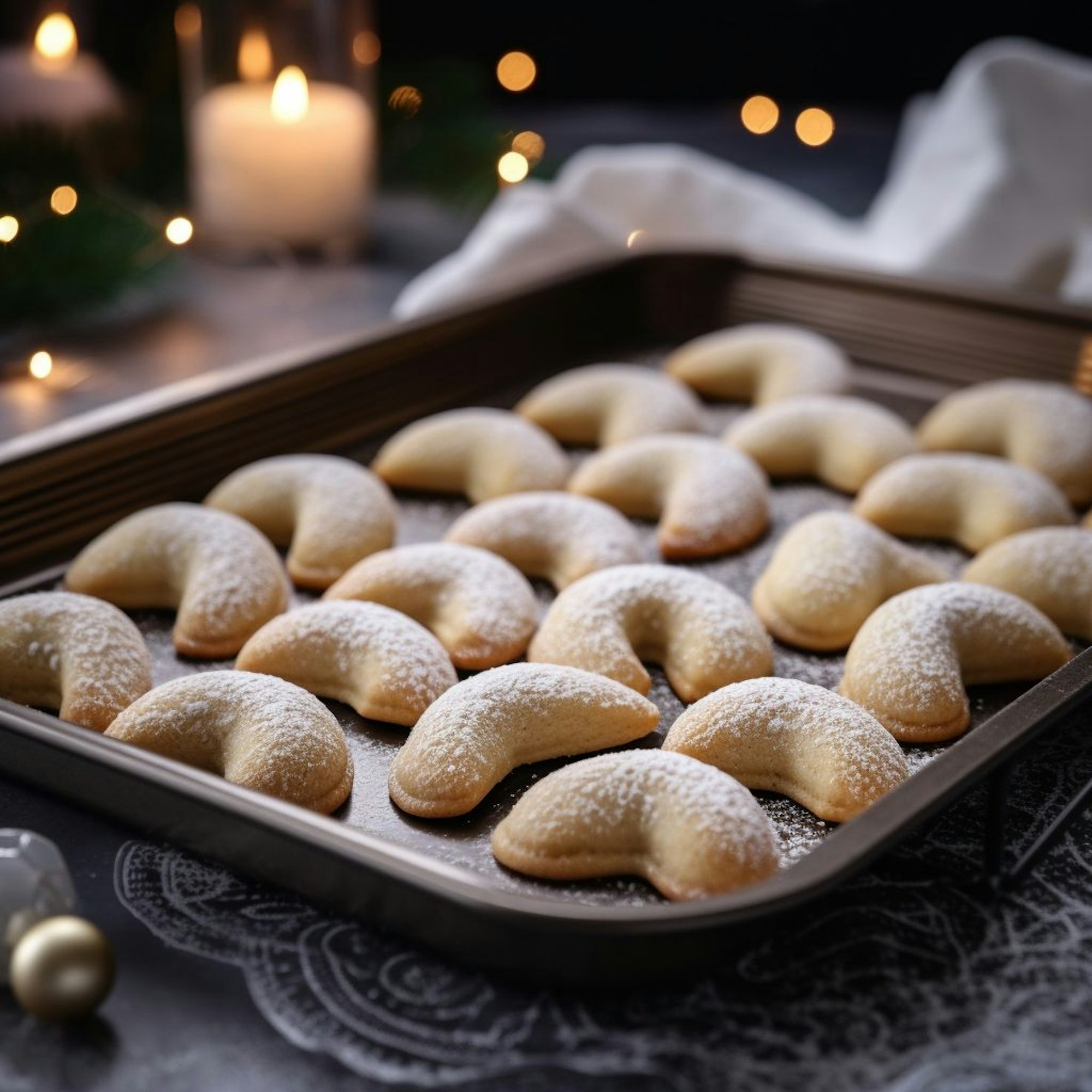 Vanillekipferl auf einem Blackblech mit weihnachtlichem Hintergrund