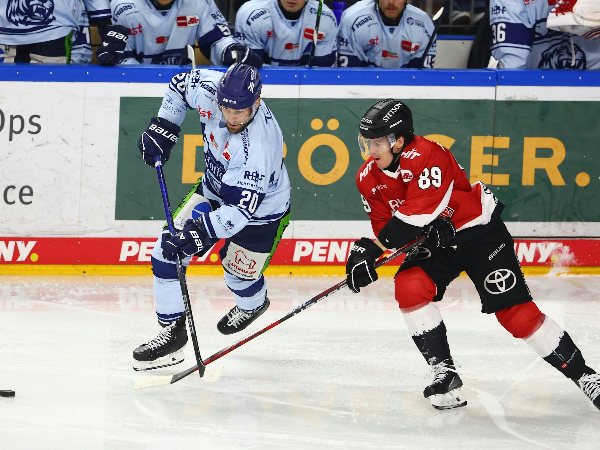 Der Kölner Gregor MacLeod am Freitag (15. Dezember 2023) im Zweikampf mit Straubing-Profi Justin Scott.