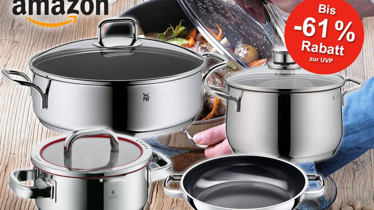 WMF Schmorpfanne und WMF Kochtöpfe, im Hintergrund ein Tisch mit gefülltem WMF Topf mit Gemüse.