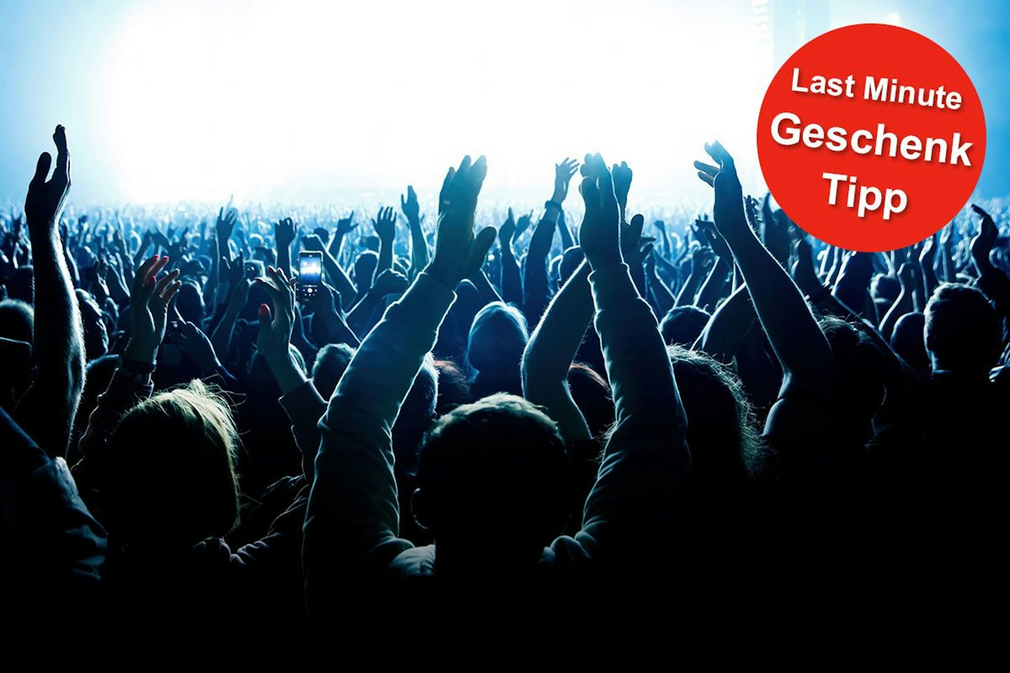 Publikum bei einem Konzert hebt die Arme und klatscht. Button im Bild für Weihnachtsgeschenk Tipp.