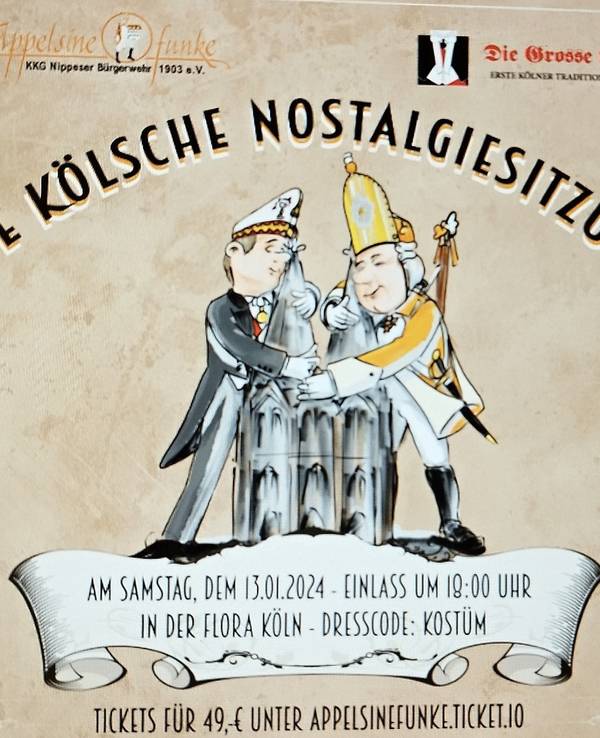 Ein Plakat mit zwei Karnevalisten, die den Kölner Dom umarmen.