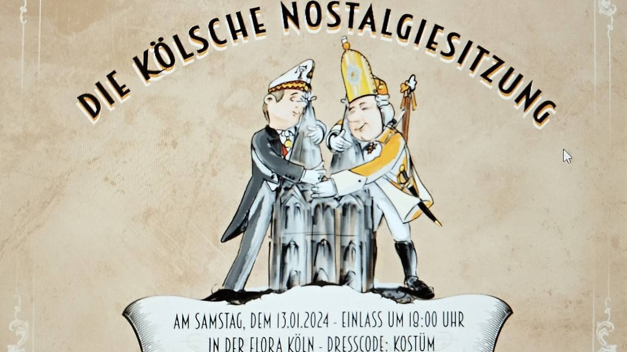 Ein Plakat mit zwei Karnevalisten, die den Kölner Dom umarmen.