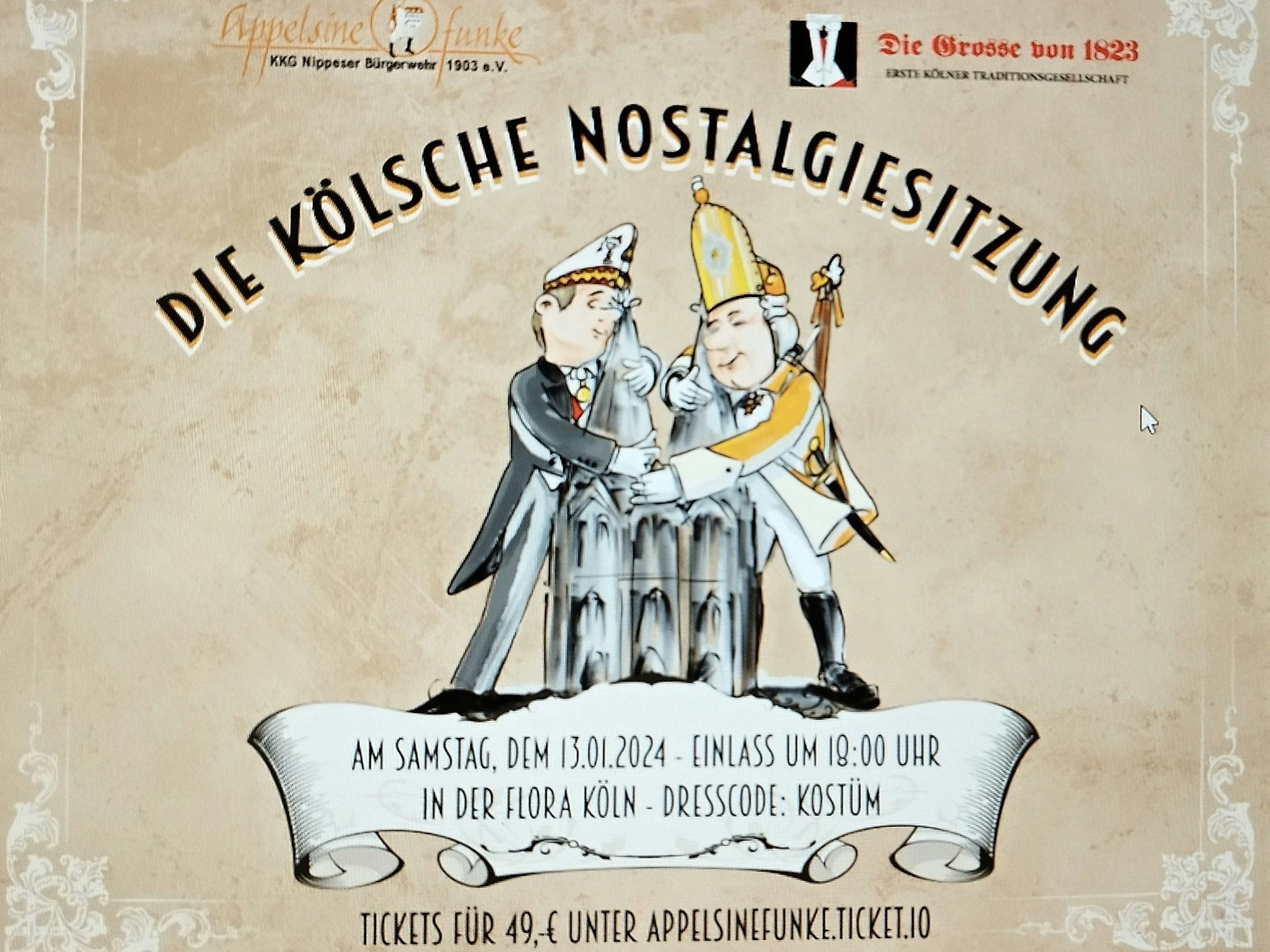 Ein Plakat mit zwei Karnevalisten, die den Kölner Dom umarmen.