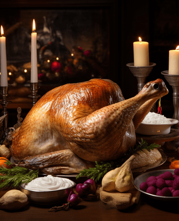 Weihnachtsgans auf einem Tisch schön angerichtet.