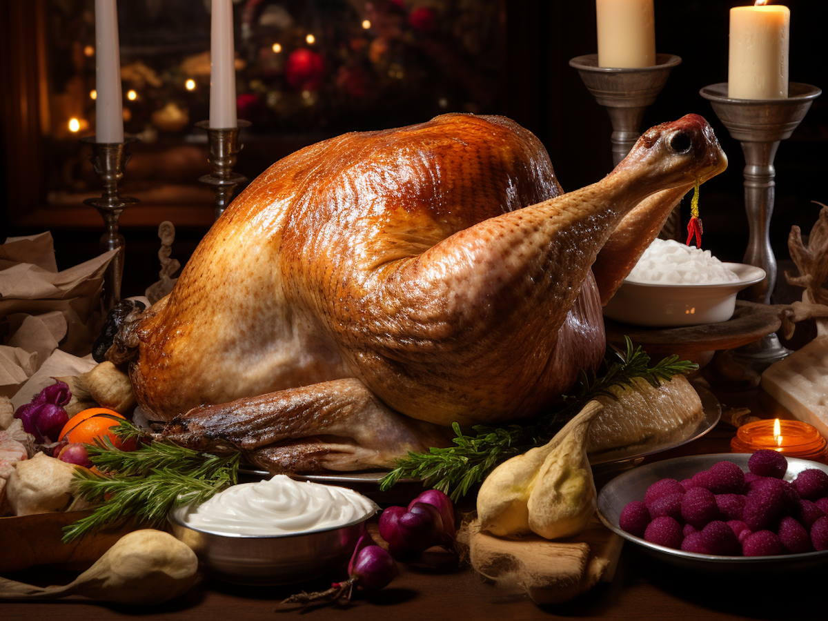 Weihnachtsgans auf einem Tisch schön angerichtet.