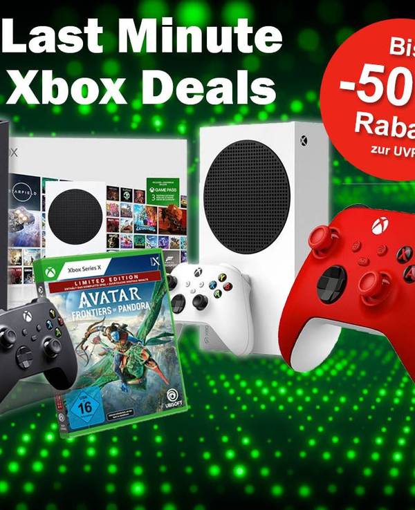 Microsoft Konsolen Xbox Series X und S sowie roter Xbox Wireless Controller und Spiel Avatar vor grün schwarzem technischem Hintergrund.