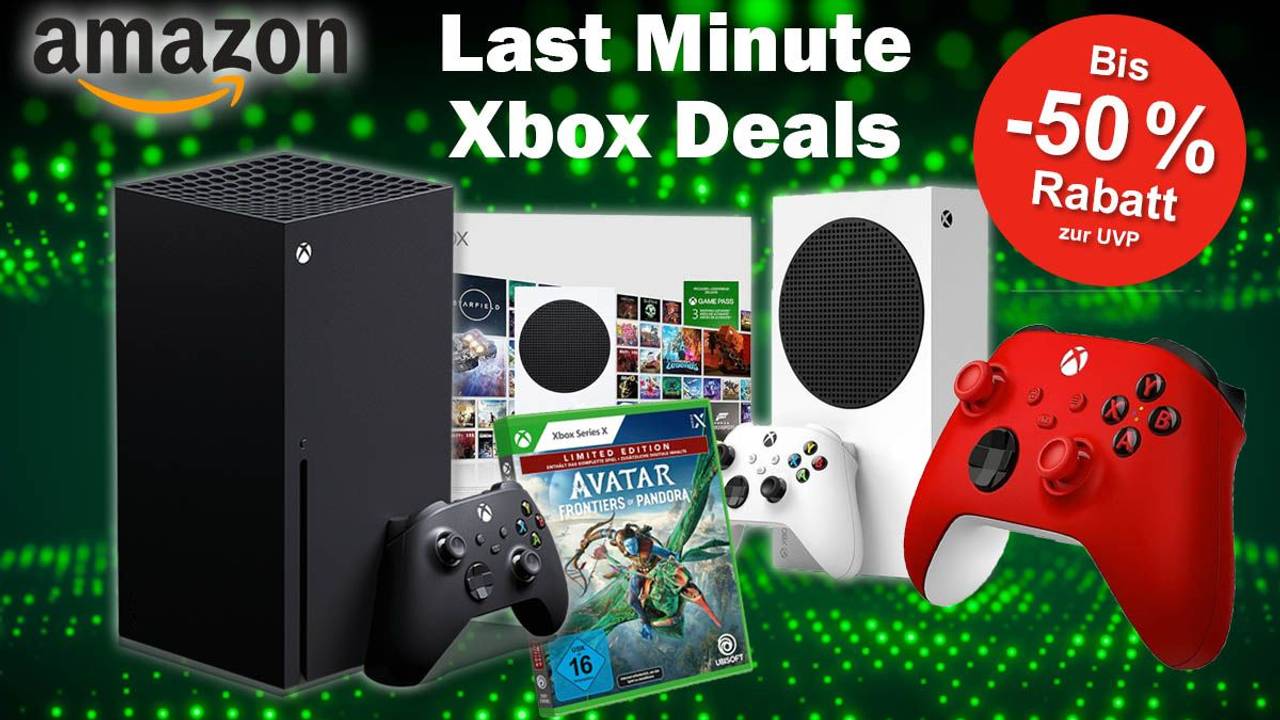 Microsoft Konsolen Xbox Series X und S sowie roter Xbox Wireless Controller und Spiel Avatar vor grün schwarzem technischem Hintergrund.