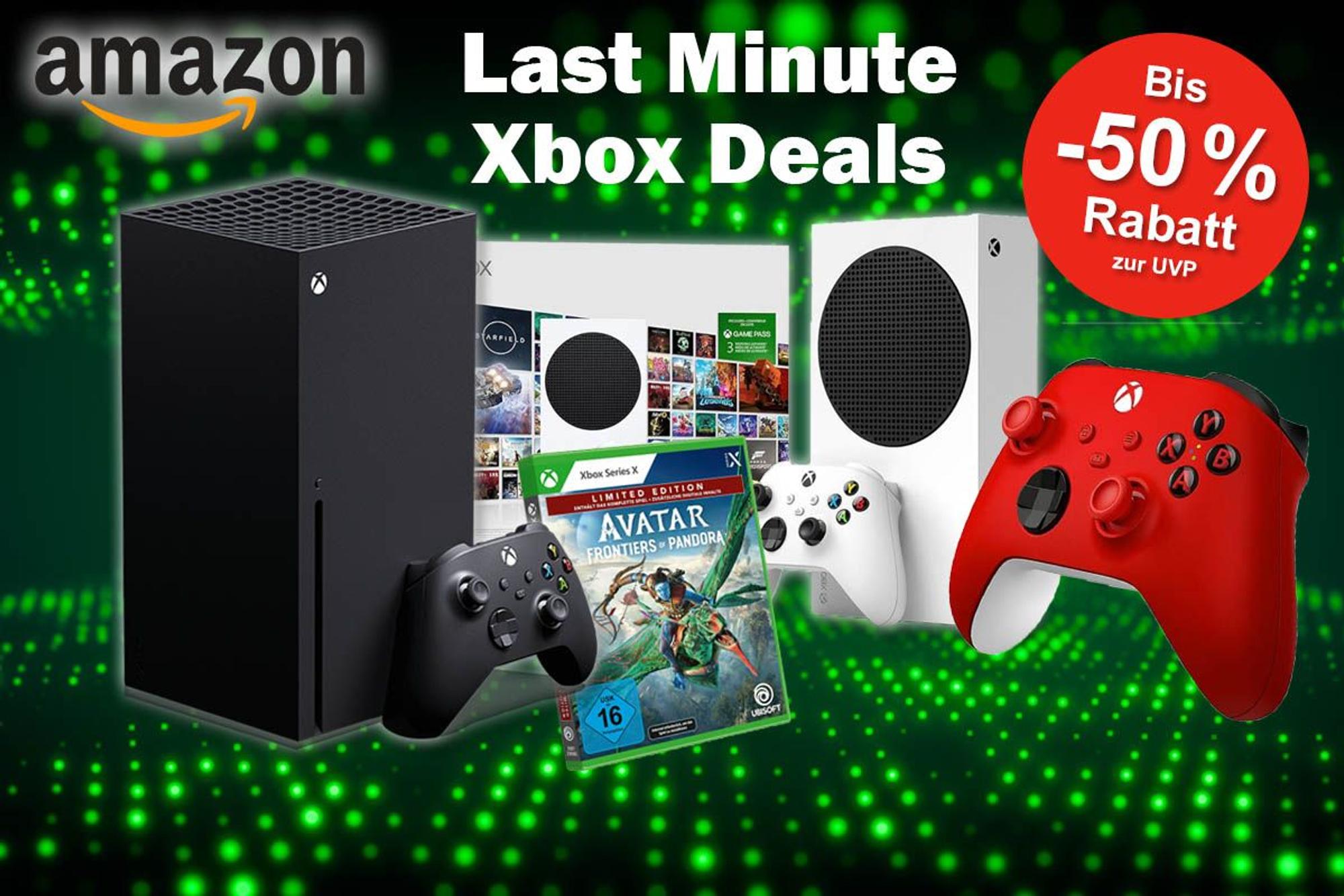 Microsoft Konsolen Xbox Series X und S sowie roter Xbox Wireless Controller und Spiel Avatar vor grün schwarzem technischem Hintergrund.