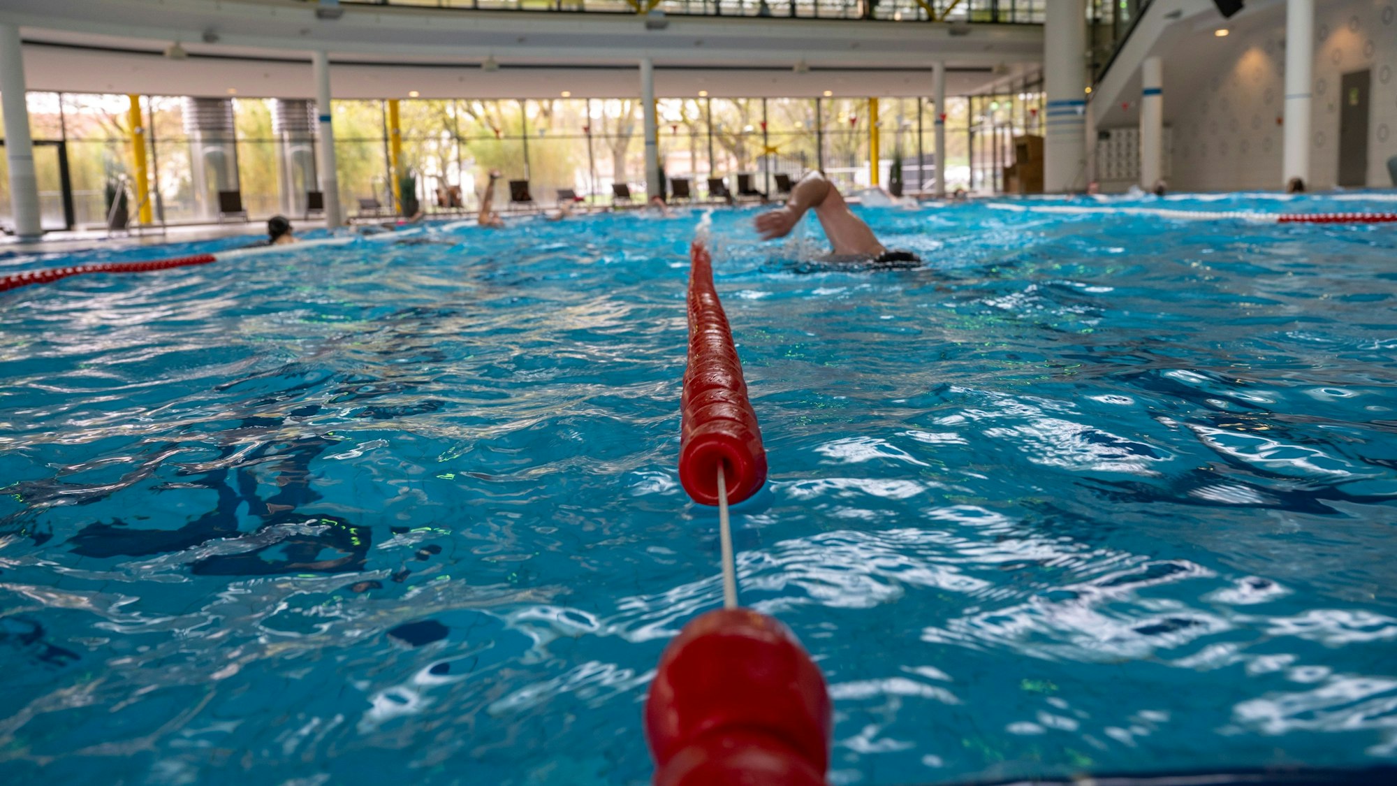 Ein Schwimmbecken in einem Hallenbad.