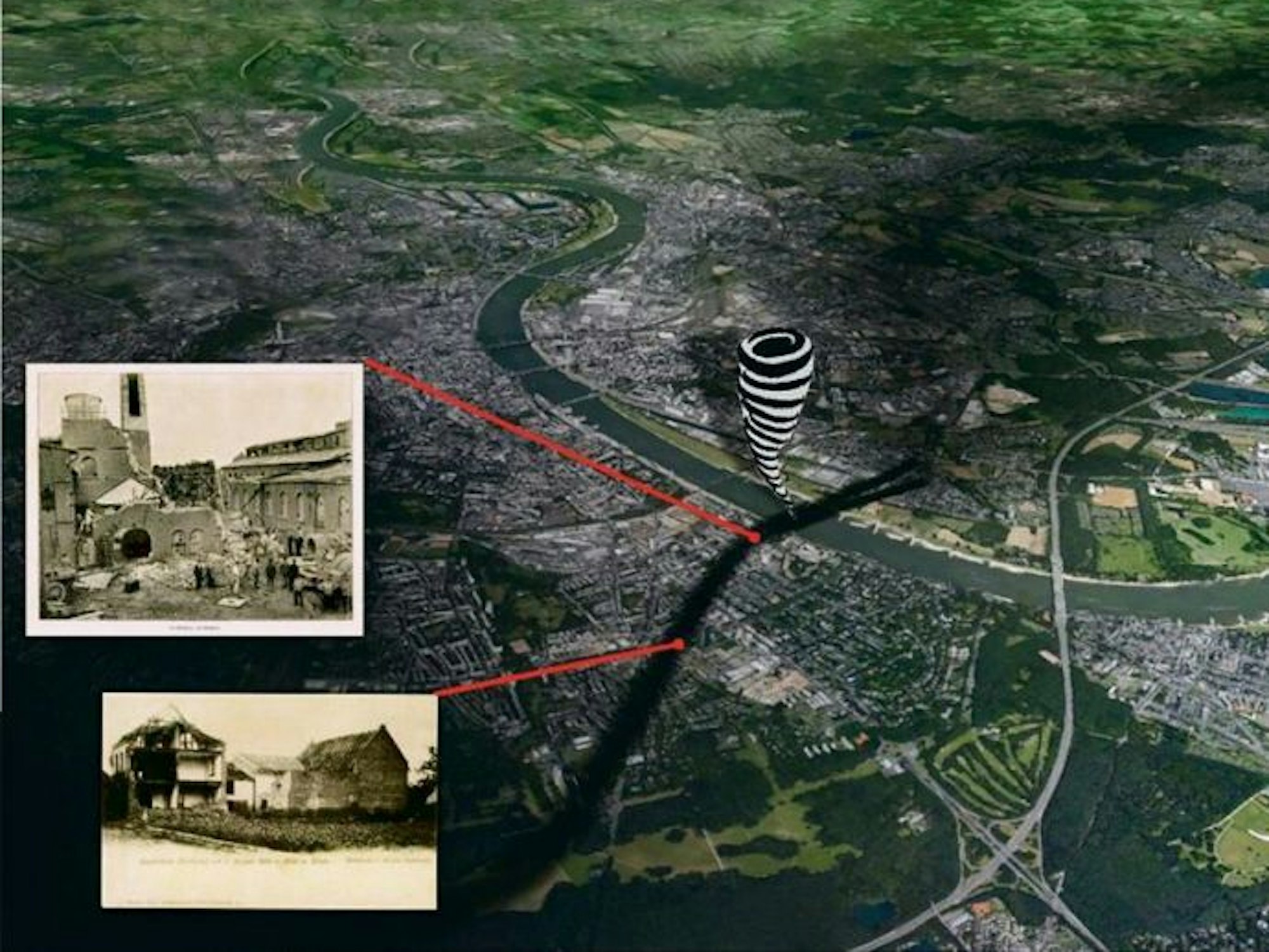 Eine Schautafel veranschaulicht die Schneise, die ein Tornado im Jahr 1898 in Köln angerichtet hat. Dazu zwei alte Fotos mit Schäden an Gebäuden.