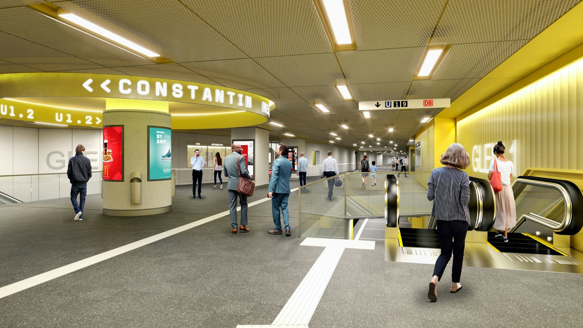 Eine Abbildung zeigt mehrere Menschen, die in einer unterirdischen Ebene unterwegs, eine Frau fährt eine Rolltreppe runter.
