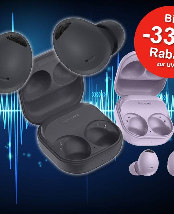 Samsung Galaxy Buds2 Pro Kopfhörer vor Klangwellenhintergrund.