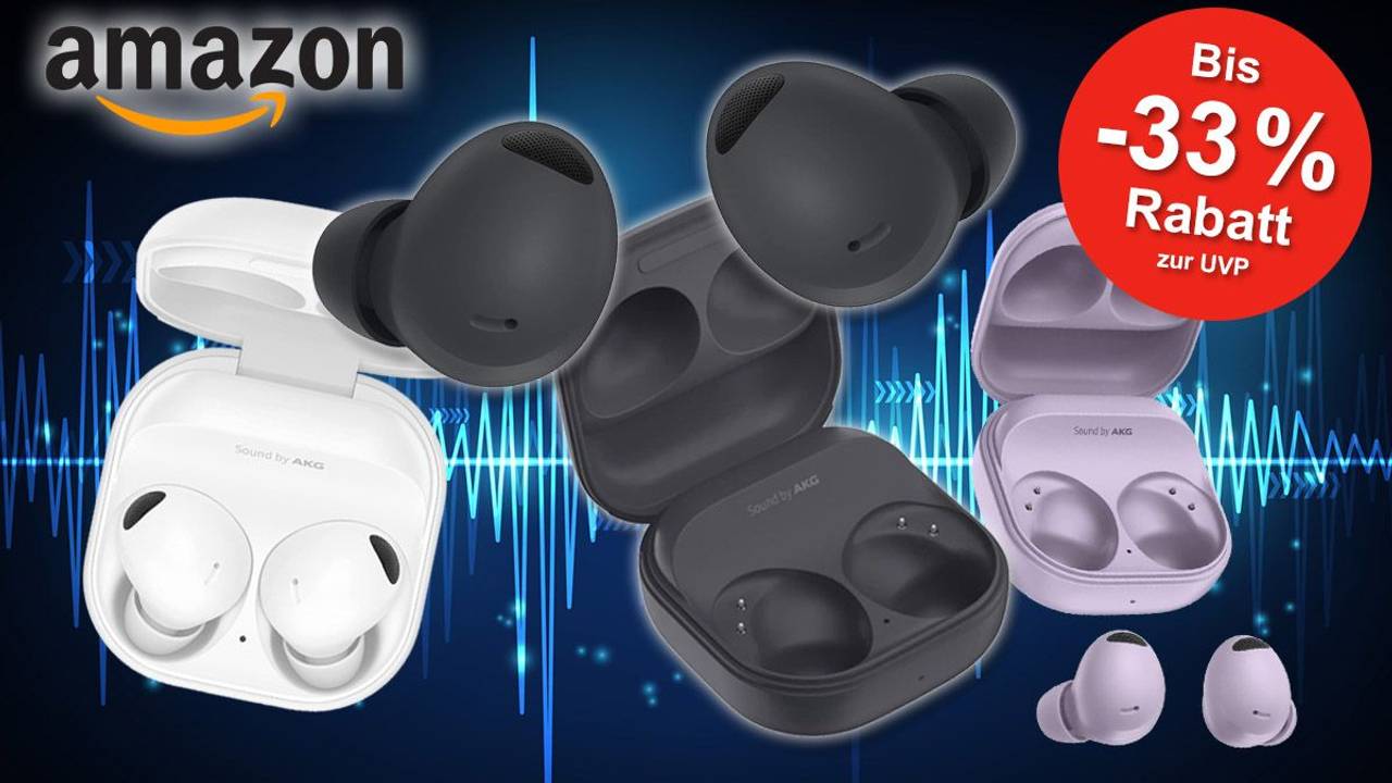 Samsung Galaxy Buds2 Pro Kopfhörer vor Klangwellenhintergrund.