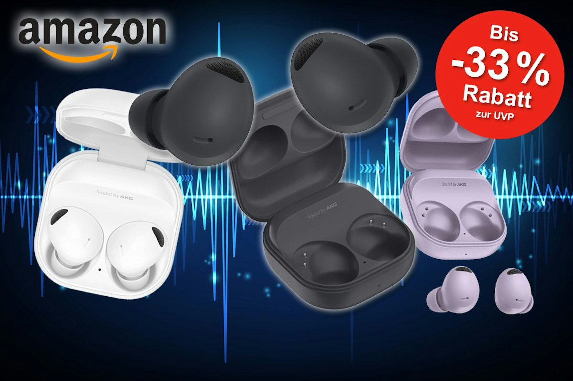 Samsung Galaxy Buds2 Pro Kopfhörer vor Klangwellenhintergrund.