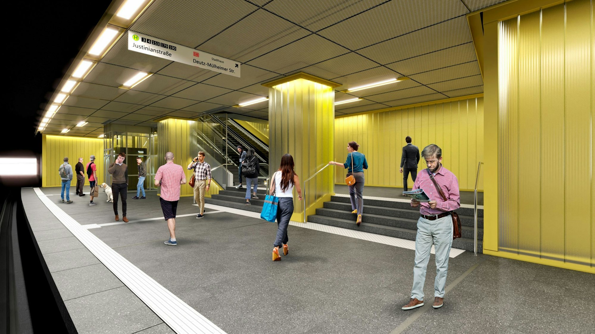 In einer Abbildung warten Personen auf die Bahn.