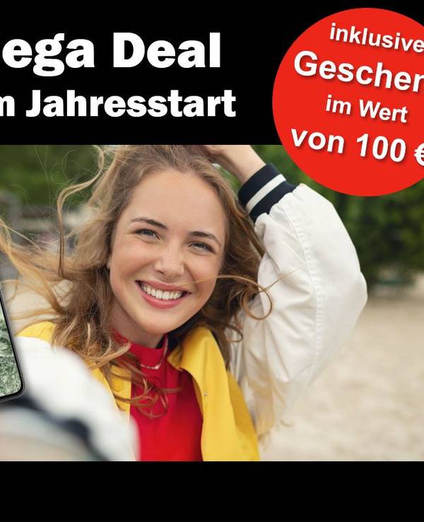 Angebot bei Vodafone, junge Frau schießt ein Selfie von sich am Strand, daneben Produktbild von Google Pixel 8 Smartphone.