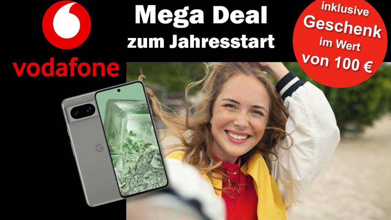 Angebot bei Vodafone, junge Frau schießt ein Selfie von sich am Strand, daneben Produktbild von Google Pixel 8 Smartphone.