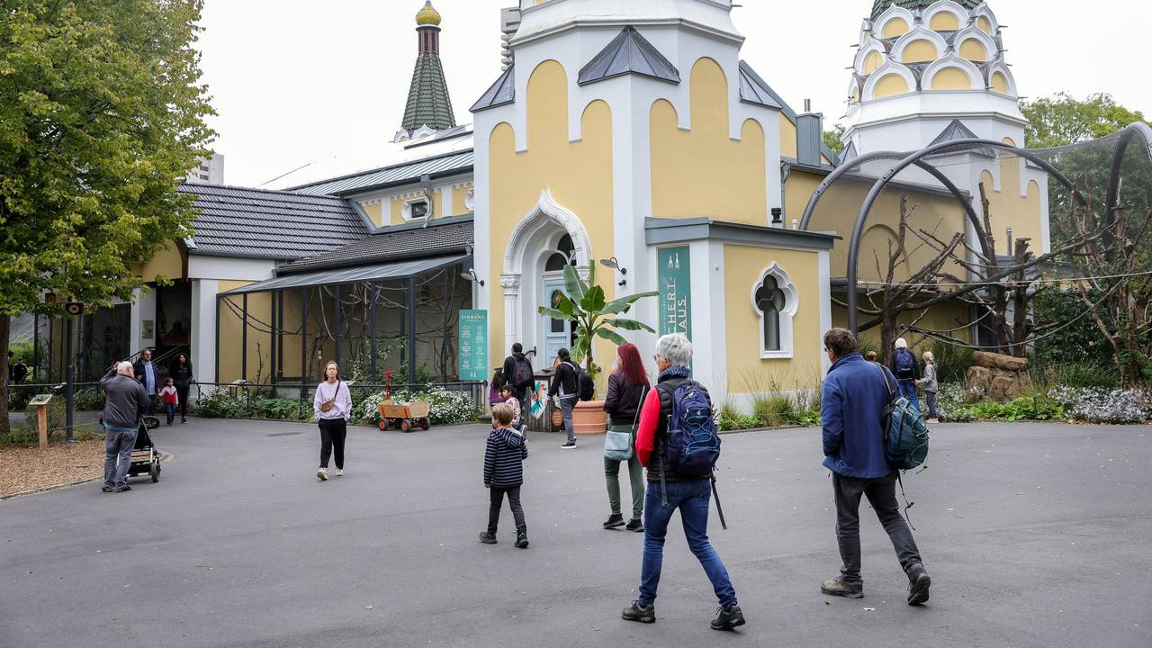 Menschen gehen durch den Kölner Zoo, im Hintergrund ist das Reichert-Haus zu sehen.