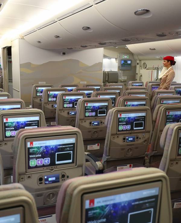 Blick in die Economy-Class-Kabine eines Airbus A380.