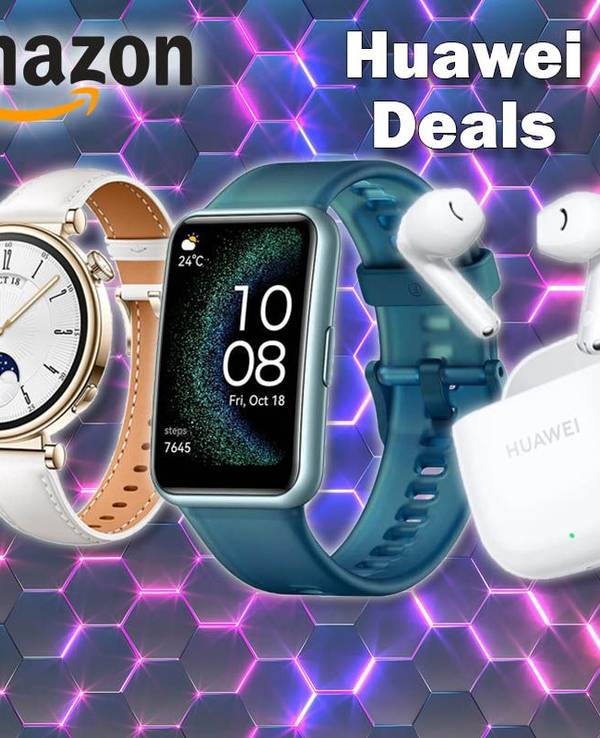 Huawei Smartwatches, Freebuds Kopfhörer und Huawei P30 Lite Smartphone vor abstraktem Hintergrund mit Amazon Logo.