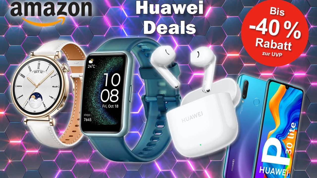 Huawei Smartwatches, Freebuds Kopfhörer und Huawei P30 Lite Smartphone vor abstraktem Hintergrund mit Amazon Logo.
