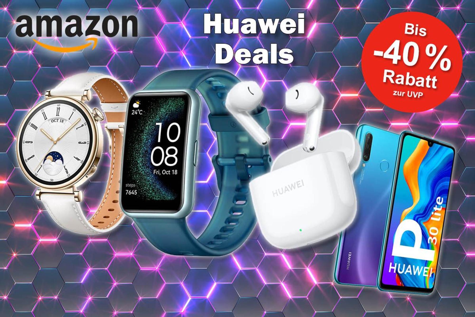 Huawei Smartwatches, Freebuds Kopfhörer und Huawei P30 Lite Smartphone vor abstraktem Hintergrund mit Amazon Logo.