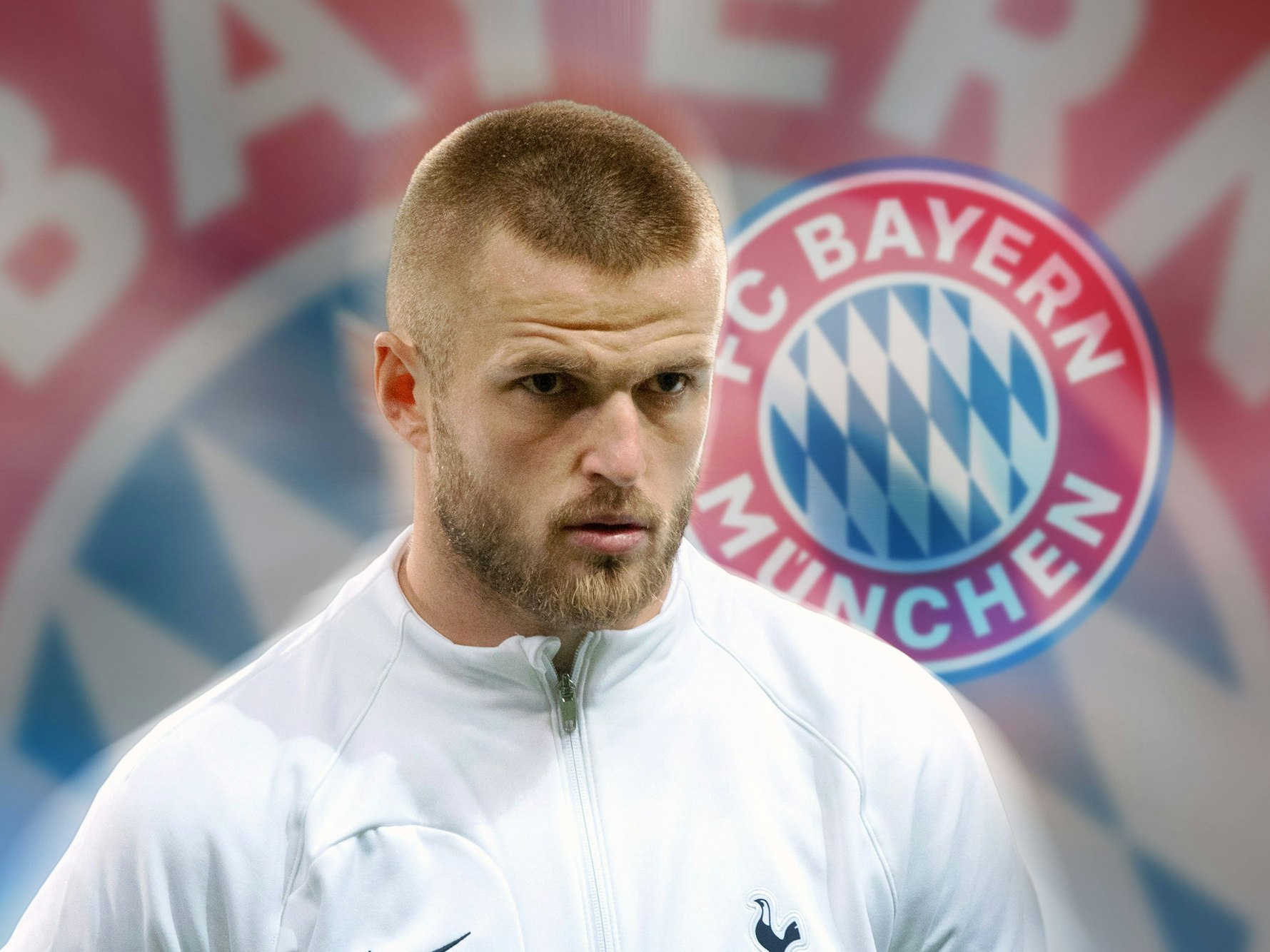 Eric Dier in einer Collage vor dem Bayern-Logo.