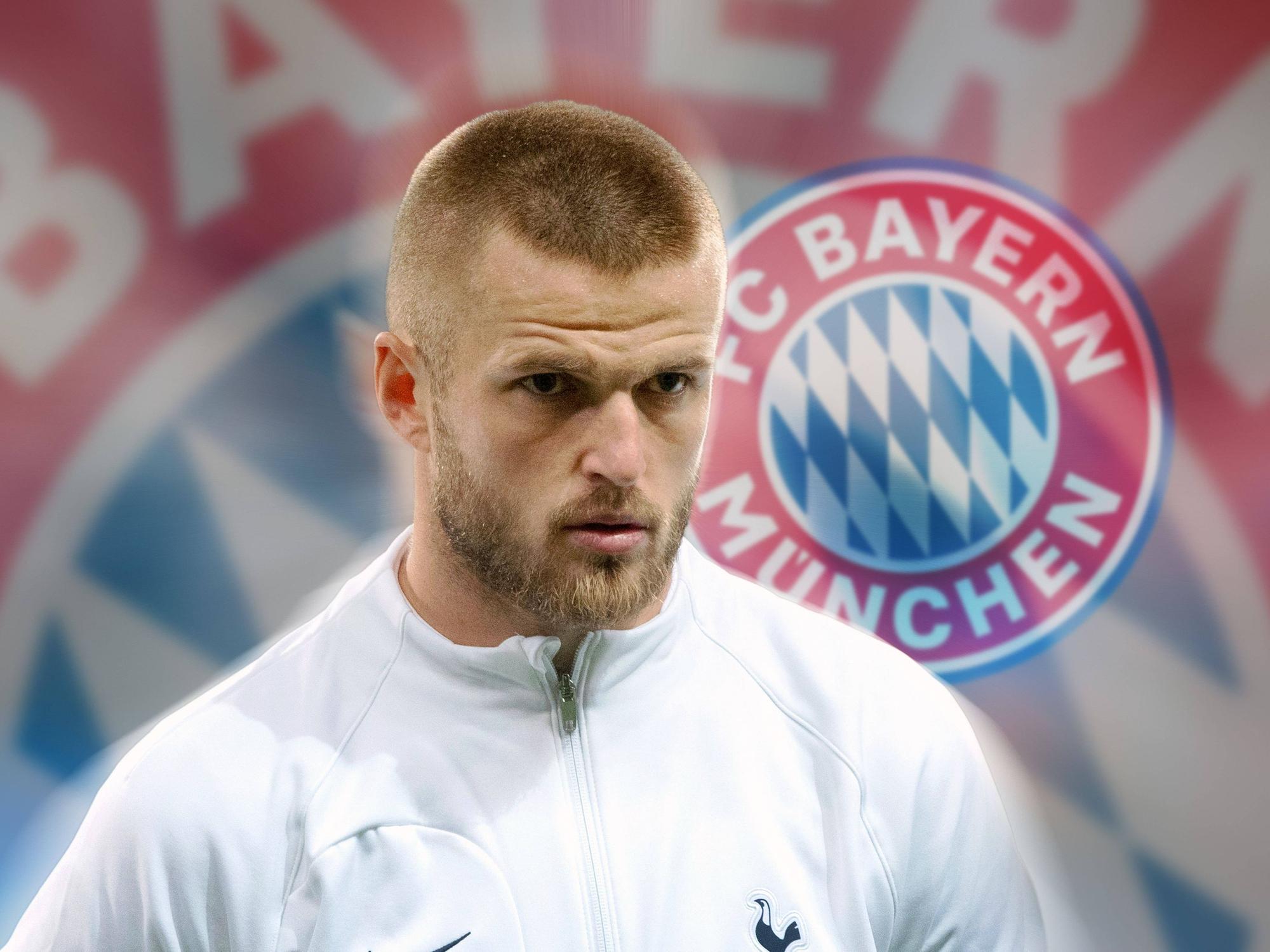 Eric Dier in einer Collage vor dem Bayern-Logo.