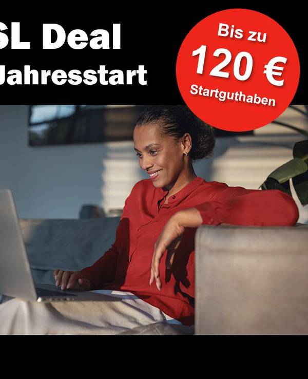 Frau sitzt am Laptop und lächelt. Dazu Bild von Fritz!Box 6660 Router und Vodafone Logo.