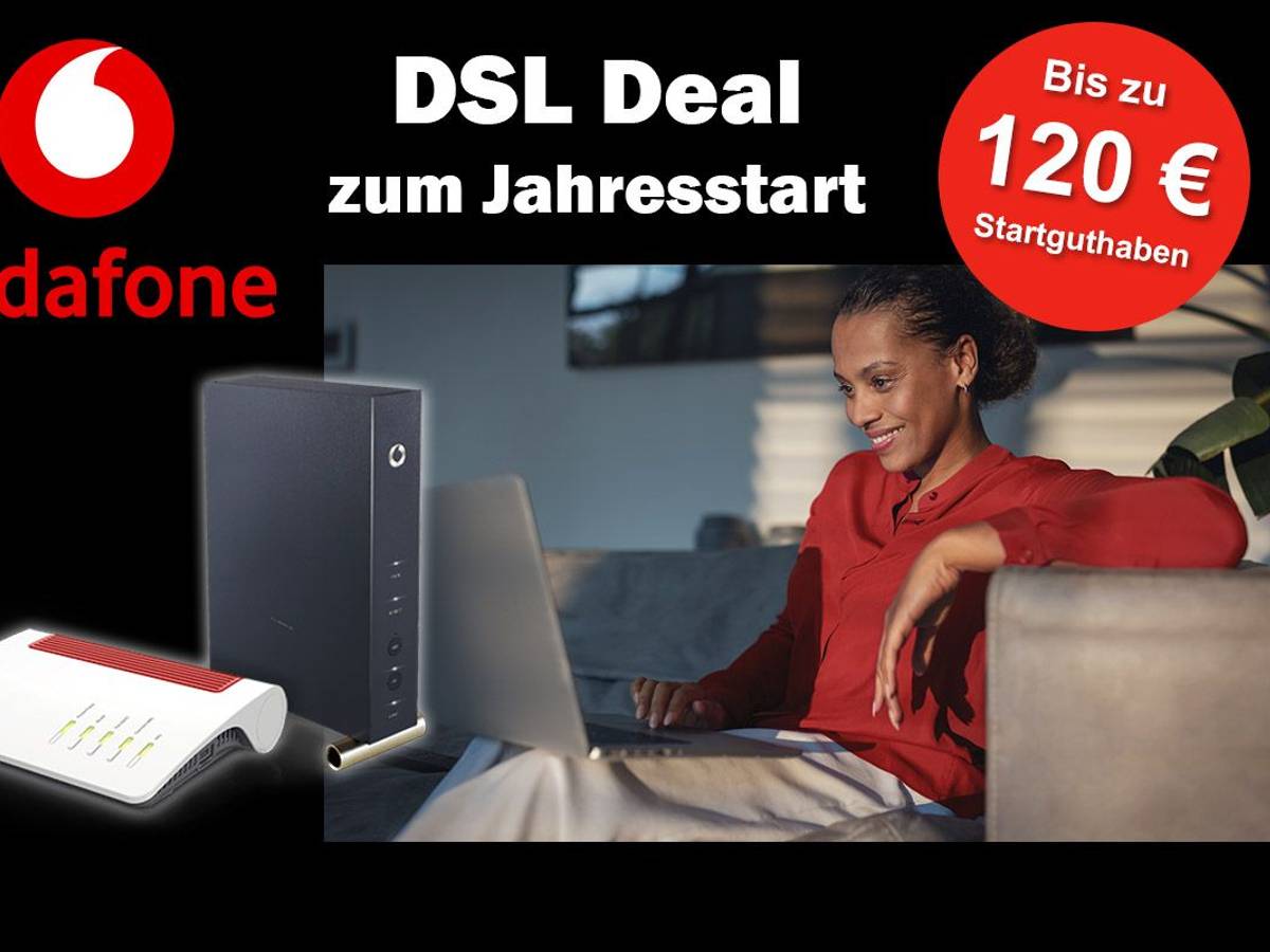 Frau sitzt am Laptop und lächelt. Dazu Bild von Fritz!Box 6660 Router und Vodafone Logo.