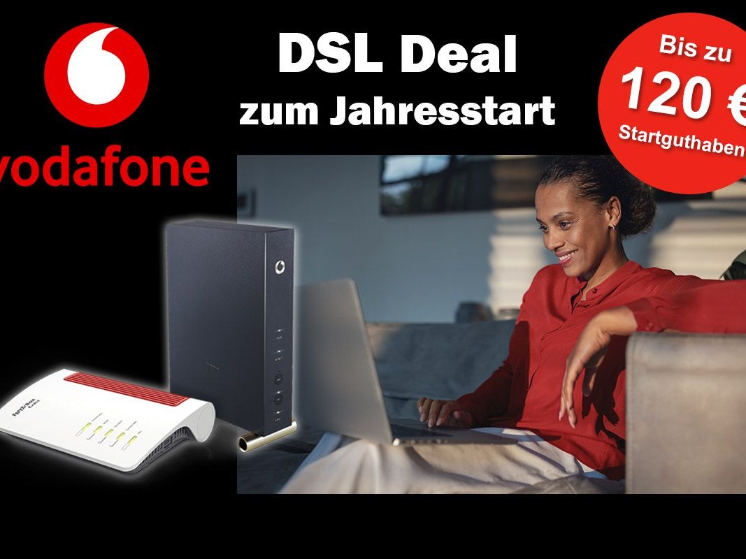 Frau sitzt am Laptop und lächelt. Dazu Bild von Fritz!Box 6660 Router und Vodafone Logo.