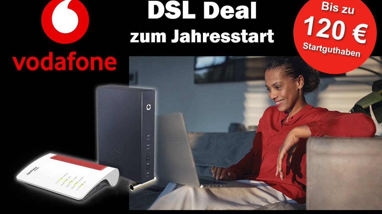 Frau sitzt am Laptop und lächelt. Dazu Bild von Fritz!Box 6660 Router und Vodafone Logo.