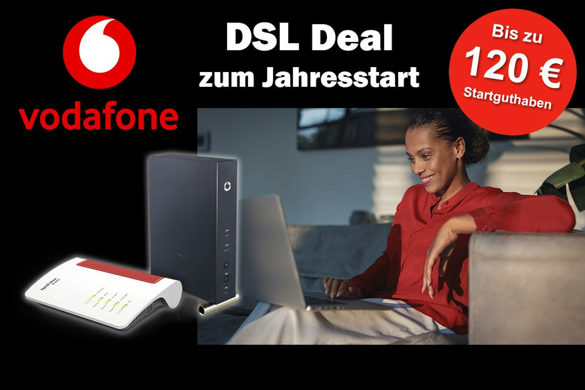 Frau sitzt am Laptop und lächelt. Dazu Bild von Fritz!Box 6660 Router und Vodafone Logo.