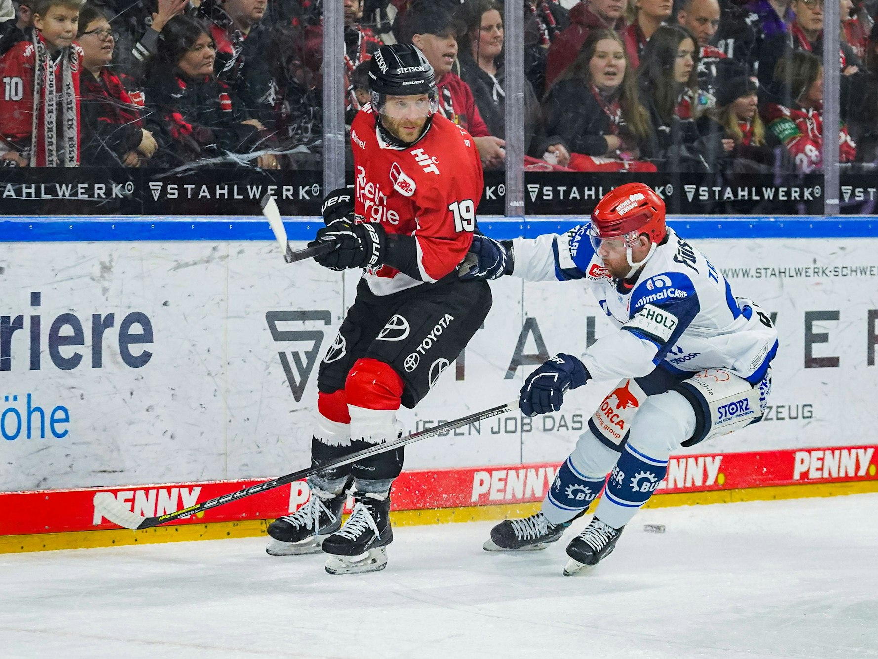 Tylor Spink versucht Kölns Frederik Storm (l.) den Puck abzunehmen.