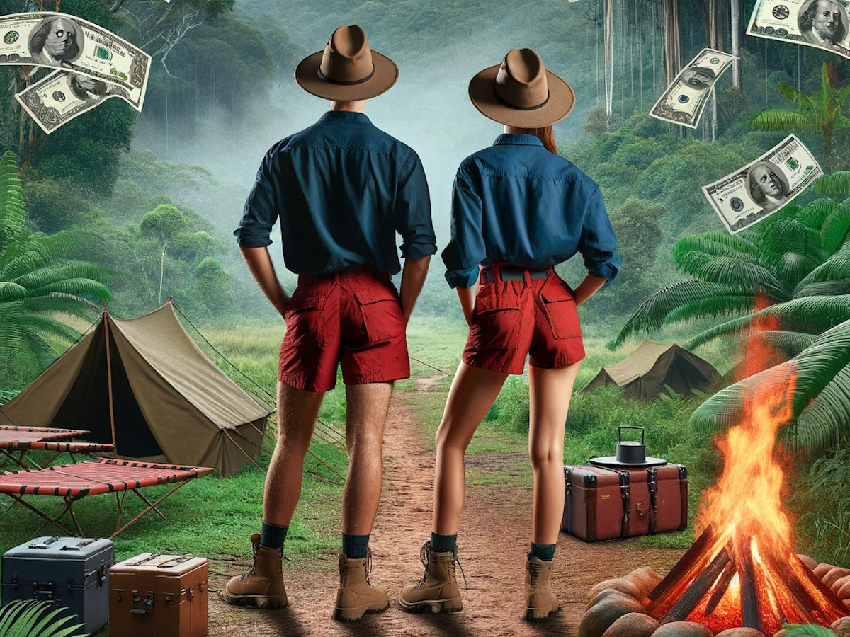 Ein Mann und eine Frau stehen unter Geldschein-Regen im australischen Dschungel.