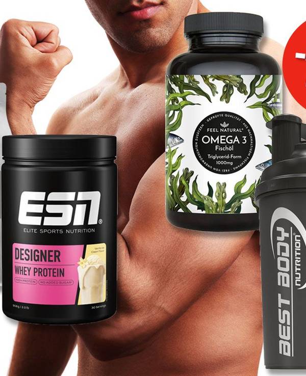 Proteinpulver und Nahrungsergänzungsmittel von ESN, Bulk, Best Body Nutrition, im Hintergrund ein muskulöser Mann.