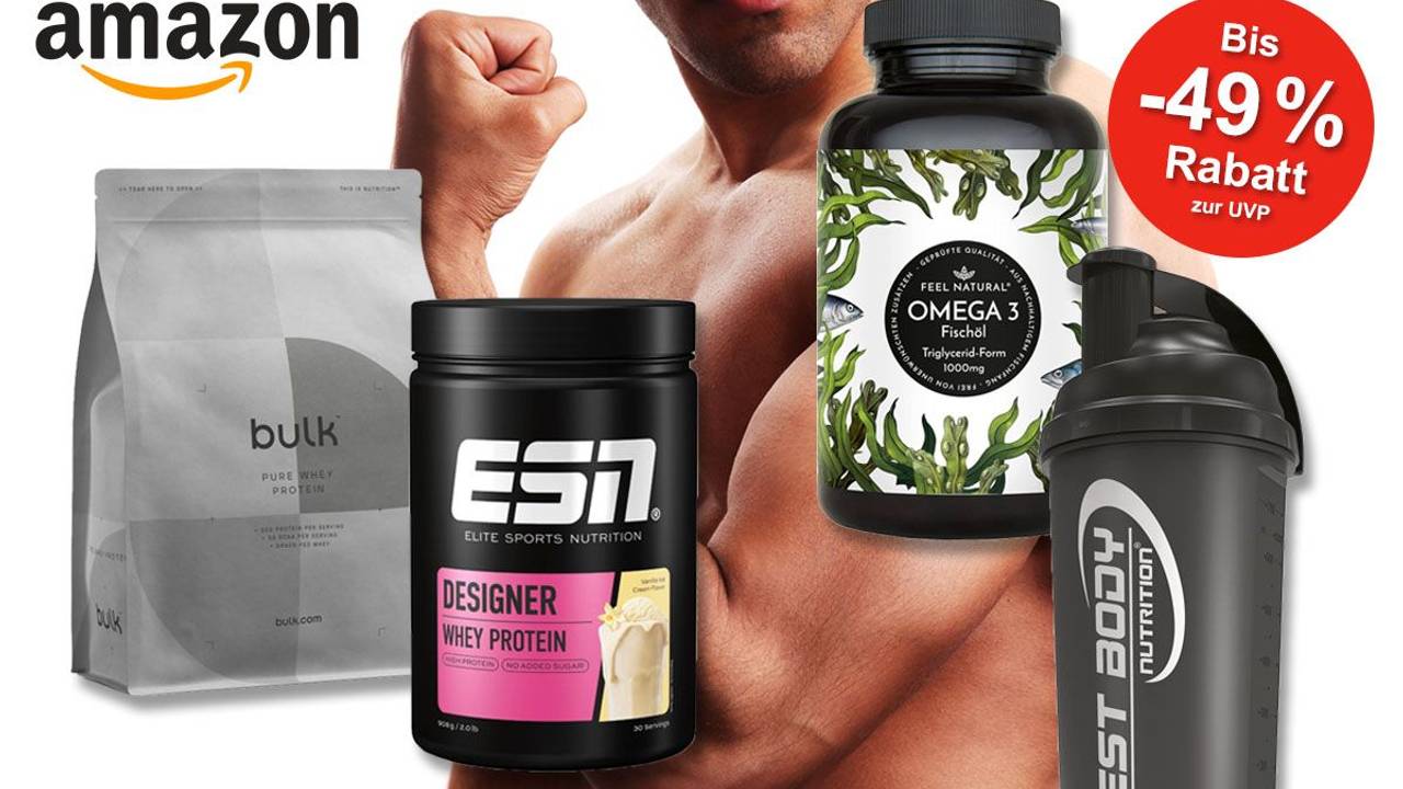 Proteinpulver und Nahrungsergänzungsmittel von ESN, Bulk, Best Body Nutrition, im Hintergrund ein muskulöser Mann.