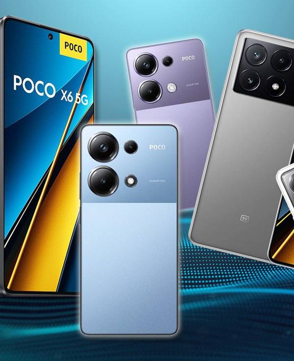 Poco X6, Poco X6 Pro und Poco M6 Pro Smartphone in verschiedenen Farben vor einem abstrakten Hintergrund.
