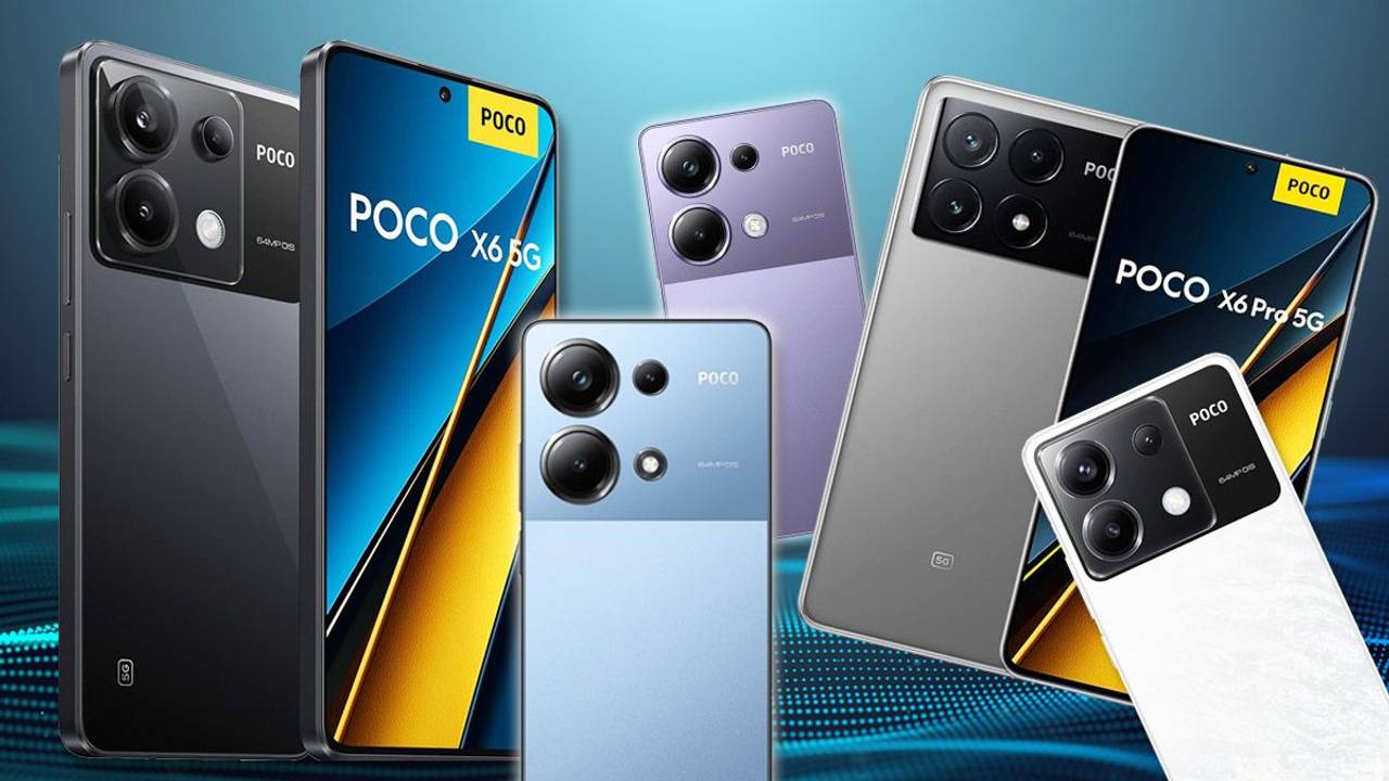 Poco X6, Poco X6 Pro und Poco M6 Pro Smartphone in verschiedenen Farben vor einem abstrakten Hintergrund.