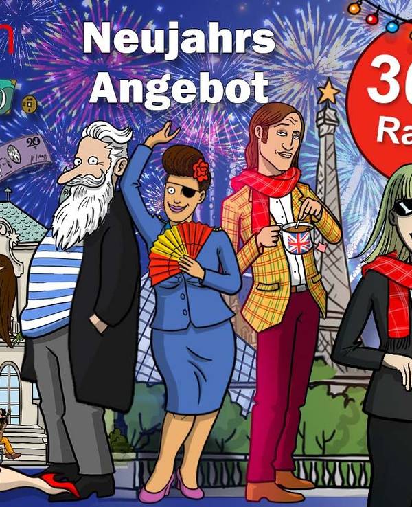 Gymglish Comic Charaktere aus den Lernserien, im Hintergrund der Eiffelturm und ein Feuerwerk zum Gymglish Neujahrs Angebot.