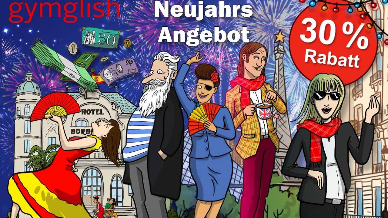 Gymglish Comic Charaktere aus den Lernserien, im Hintergrund der Eiffelturm und ein Feuerwerk zum Gymglish Neujahrs Angebot.