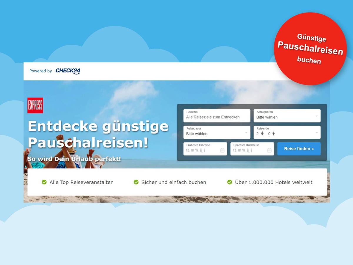 Darstellung der Nutzeroberfläche vom EXPRESS Reiseportal powered by Check24