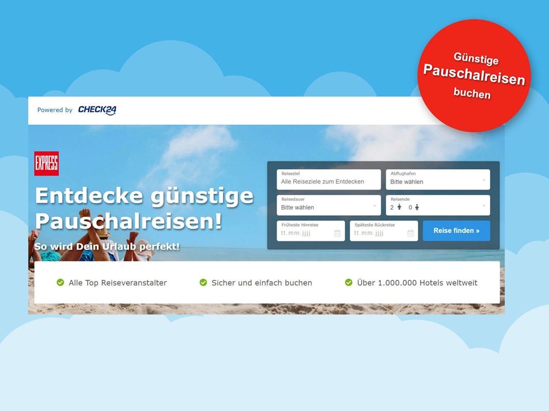 Darstellung der Nutzeroberfläche vom EXPRESS Reiseportal powered by Check24