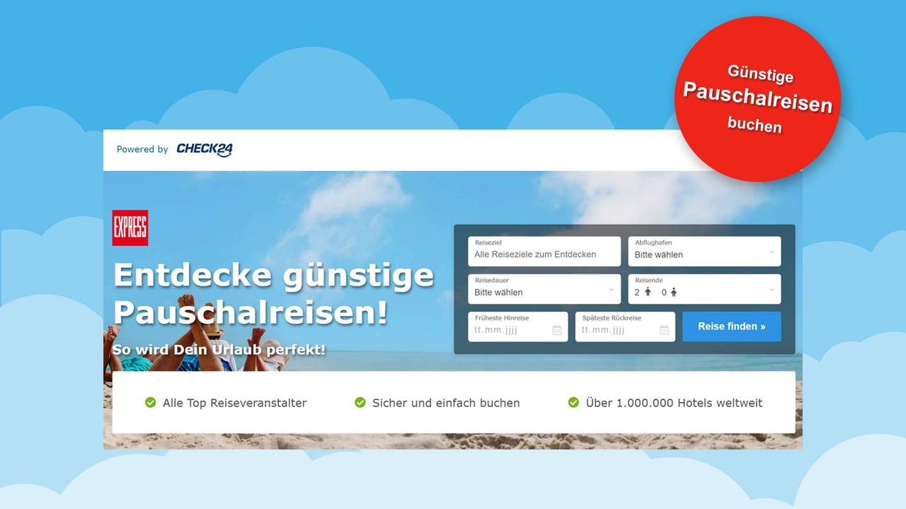 Darstellung der Nutzeroberfläche vom EXPRESS Reiseportal powered by Check24