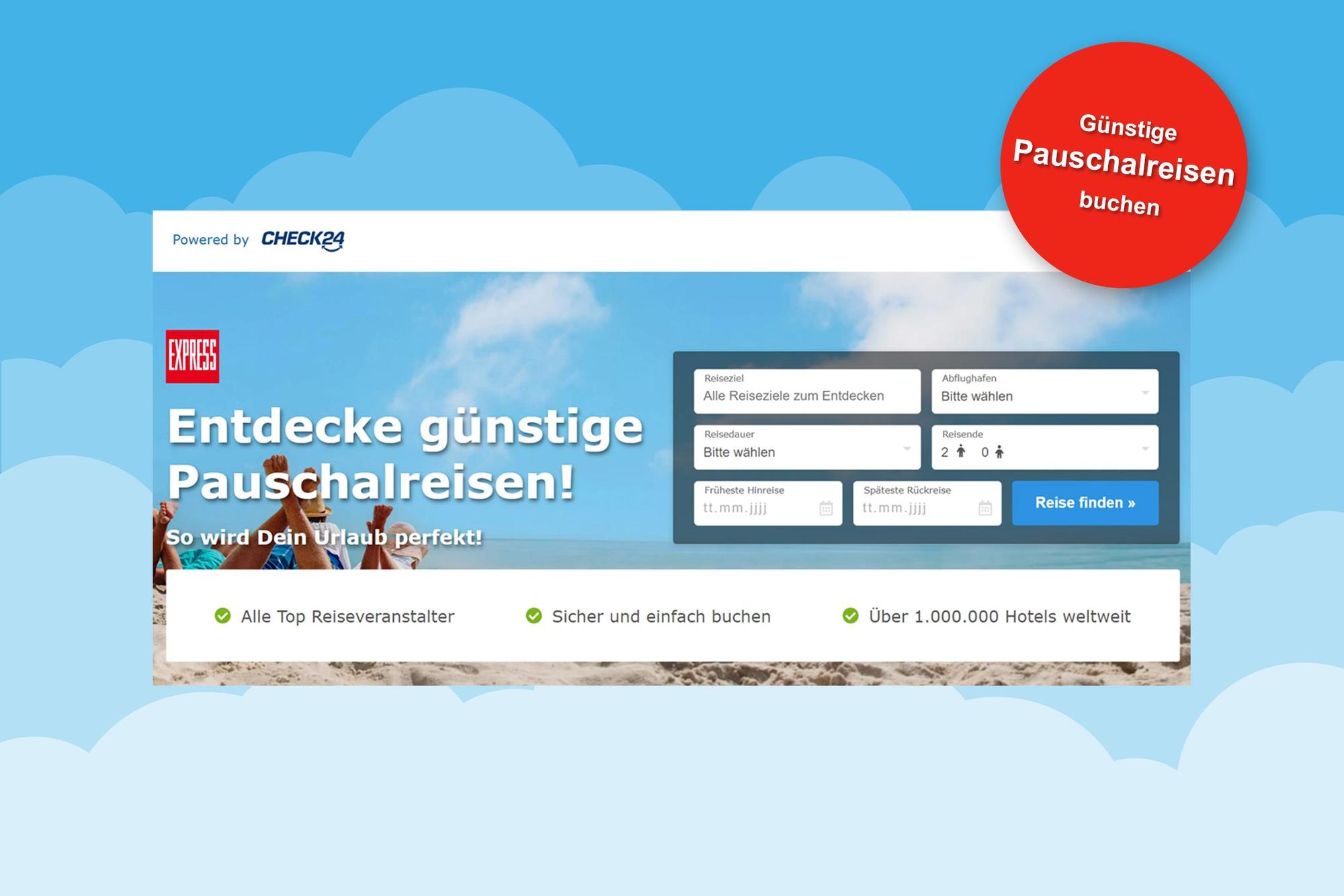 Darstellung der Nutzeroberfläche vom EXPRESS Reiseportal powered by Check24