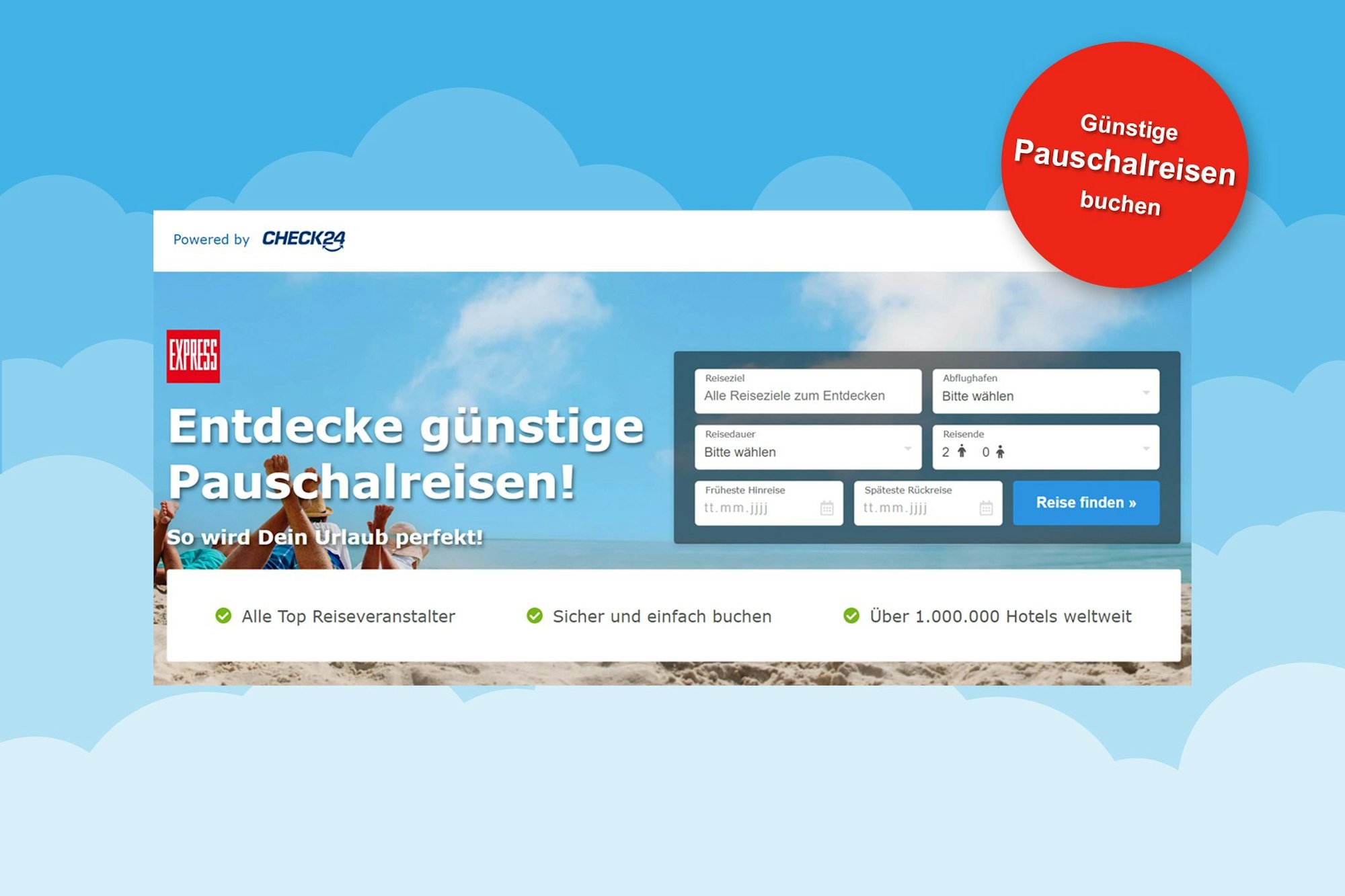 Darstellung der Nutzeroberfläche vom EXPRESS Reiseportal powered by Check24