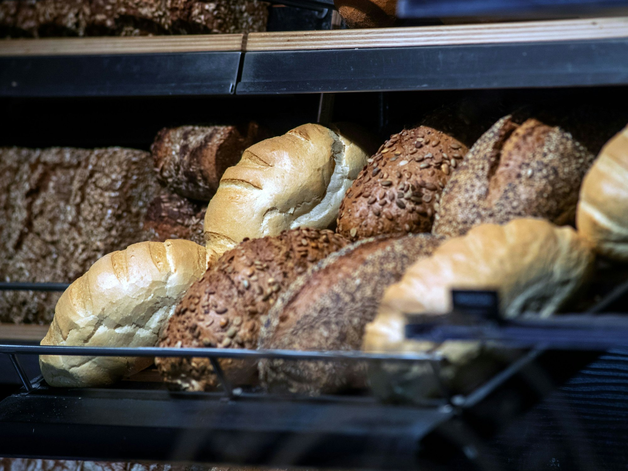 Backwaren liegen in den Auslagen einer Bäckerei, hier im November 2023 in Stralsund.