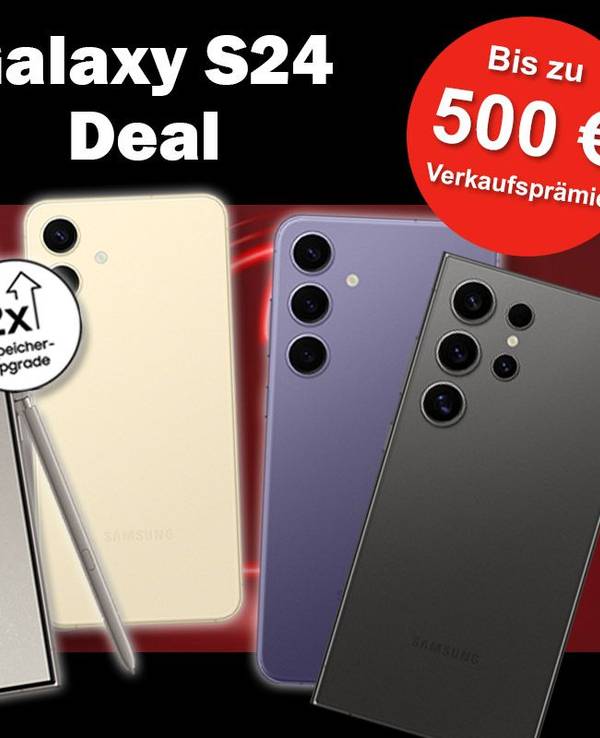 Die Smartphones Samsung Galaxy S24 Ultra, S24+ und S24 in verschiedenen Farben und Vodafone Logo im Bild.